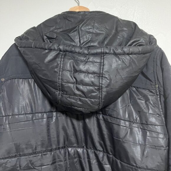 GUESS Black Puffer Bomber Jacket Men’s Size L Hooded Faux Leather Trim - Picture 9 of 14